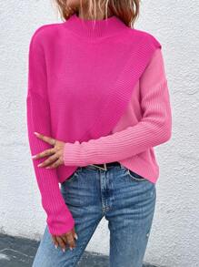 Calvaya 女士立领长袖拼接时尚舒适套头毛衣，长袖上衣 - 彩色 - 查看 5