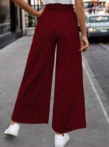 SHEIN Clasi 女士黑红格纹宽松阔腿休闲裤，荷叶边腰带 - 彩色 - 查看 2