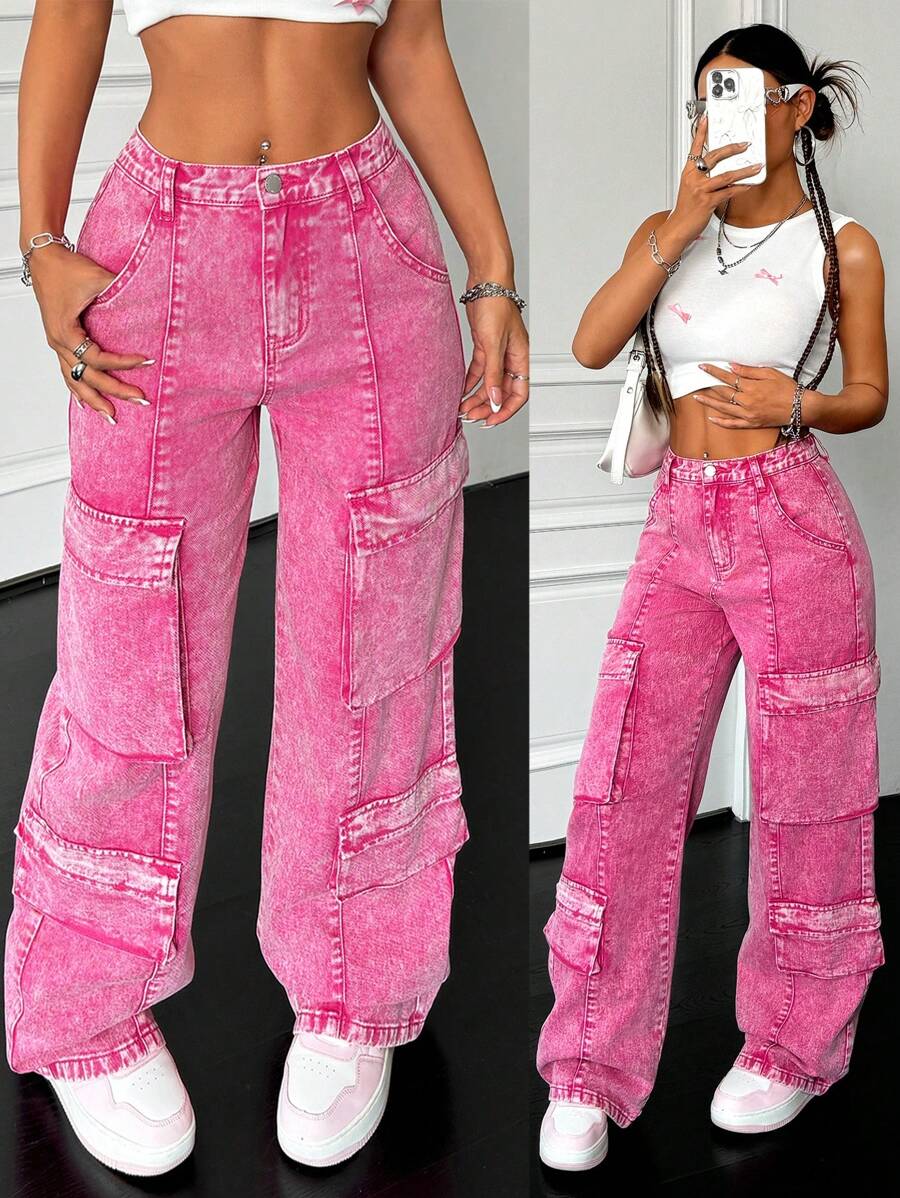 SHEIN PETITE Quần Jeans Ống Rộng Cotton Baggy Cho Nữ, Thiết Kế Gợi Cảm, Quần Cargo Cho Nữ, Quần Hồng Nóng, Quần Homecoming, Quần Jeans Baggy, Quần Jeans Nữ Baggy, Quần Jeans Cạp Thấp - Hồng - Xem 1