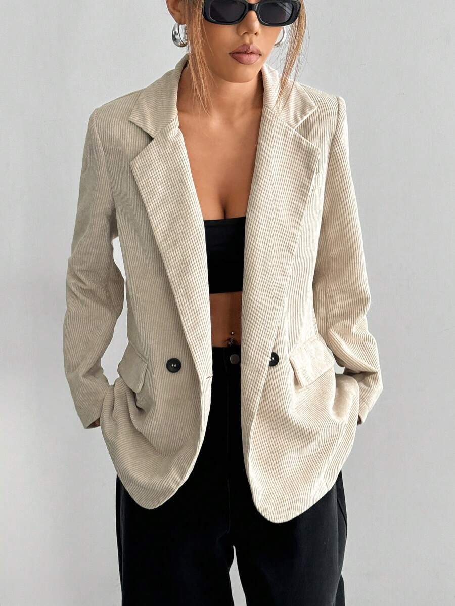 SHEIN Unity French Style Solid Color Double Breasted Long Sleeve Blazer Fall Cloth For Women - Apricot - View 1