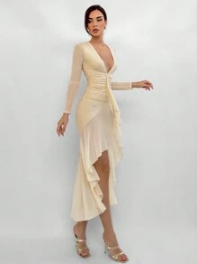 Aloruh Vestido elegante de corte ceñido con cuello en V profundo, cintura fruncida y bajo con volantes para mujeres