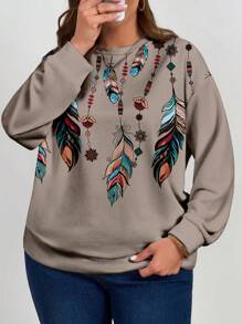 EMERY ROSE Plus Size Women's Autumn/Winter Casual Retro Feather  Pattern Long Sleeve Loose Pullover Sweatshirt