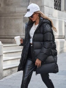 EURMUSE Black Puffer Zipper And Hoody Detailed Winter Coat - Black - View 4