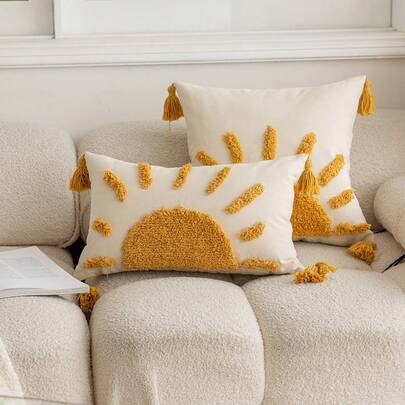 SHEIN 1pc Tufted Sun & Tassel Detail Cushion Cover Without Filler, Modern Throw Pillow Case, For Sofa, Living Room Christmas For Holiday Gift Giving