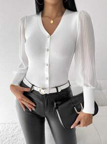 Chiquease Einfarbiger V-Ausschnitt Knopf-Vorderseite Rippstrick Cardigan - Beige - Übersicht 5