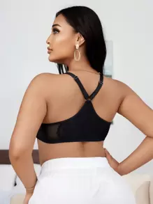 Áo ngực cỡ lớn & áo ngực không dây có ren tương phản lãng mạn và khóa cài phía trước, đồ lót - màu đen - Xem 2