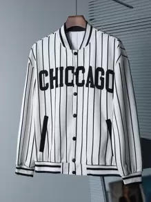 Manfinity Hypemode 男士休闲条纹字母印花棒球夹克，秋季 - 米色 - 查看 1