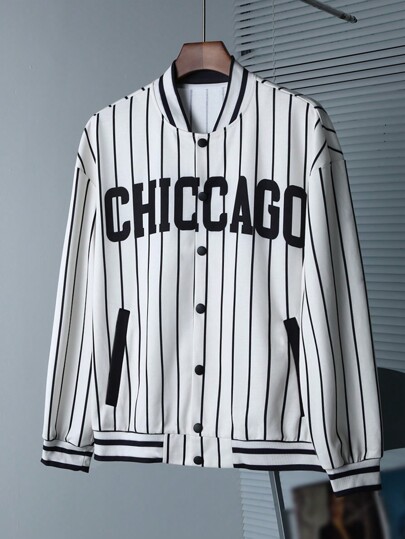 Manfinity EZcore Men's Casual Striped Letter Printed Baseball Jacket, Autumn