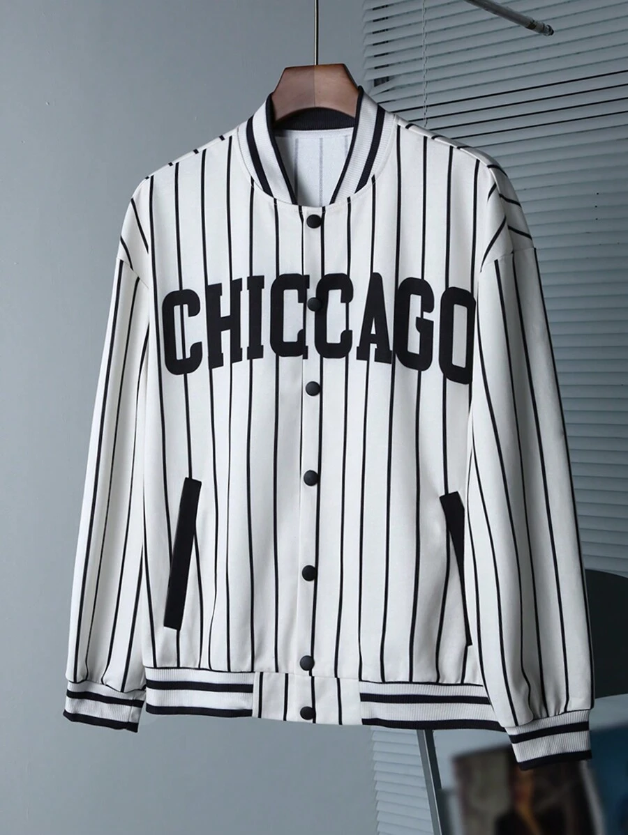 Manfinity Hypemode 男士休闲条纹字母印花棒球夹克，秋季 - 米色 - 查看 1