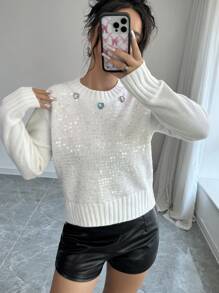 Chiquease 女式亮片装饰圆领长袖针织毛衣，秋冬季 - 白色 - 查看 2