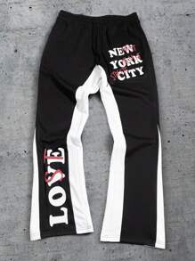 PAVTROS Y2K 男士休闲标语印花抽绳腰喇叭运动裤，万圣节服装，秋季男士服装，舒适百搭街头喇叭运动裤 - 黑與白 - 查看 1