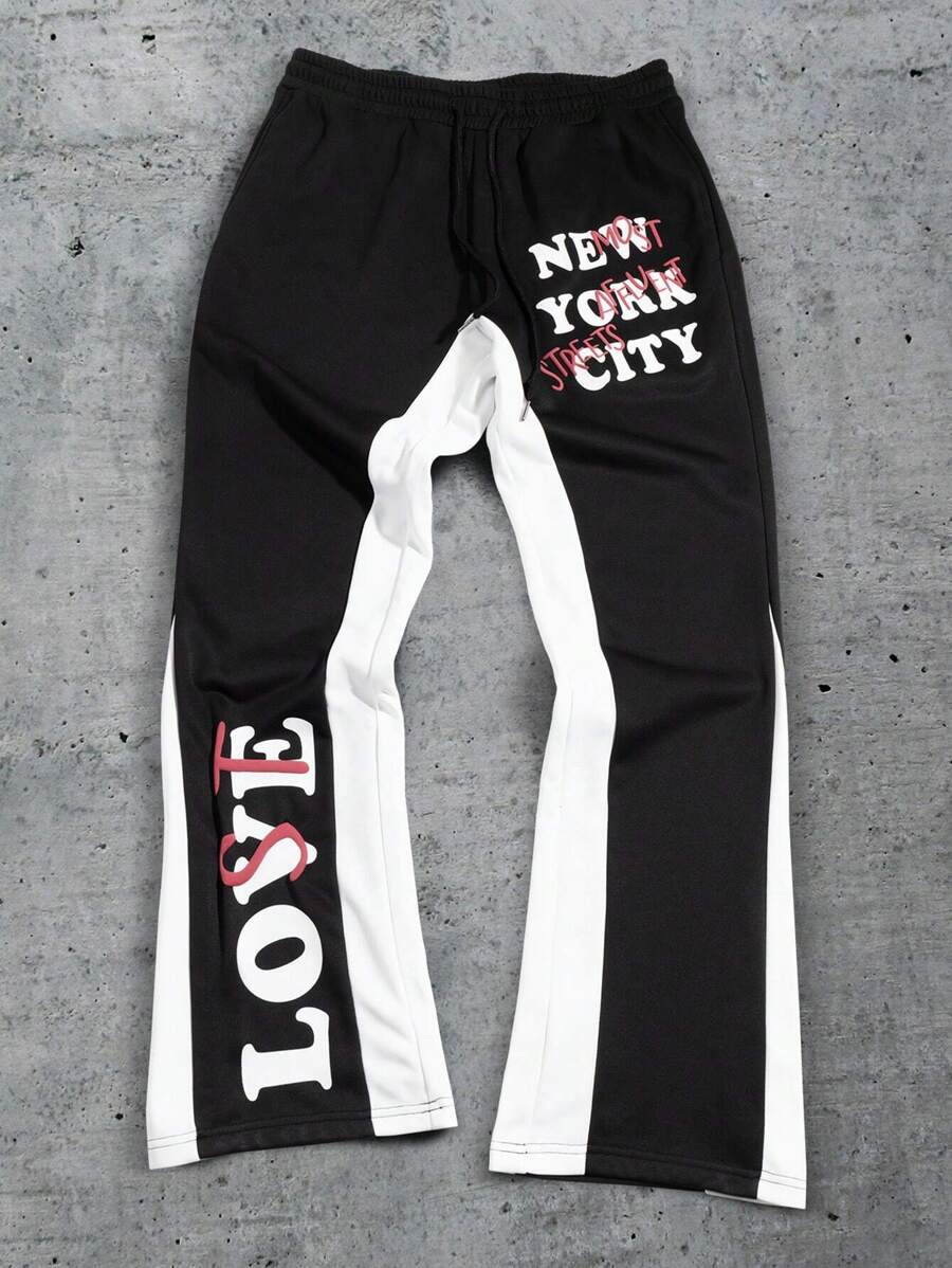 PAVTROS Y2K 男士休闲标语印花抽绳腰喇叭运动裤，万圣节服装，秋季男士服装，舒适百搭街头喇叭运动裤 - 黑與白 - 查看 1