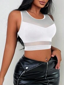 VaVaBold Women Summer Solid Color Contrast Mesh Round Neck Crop Top - White - View 4