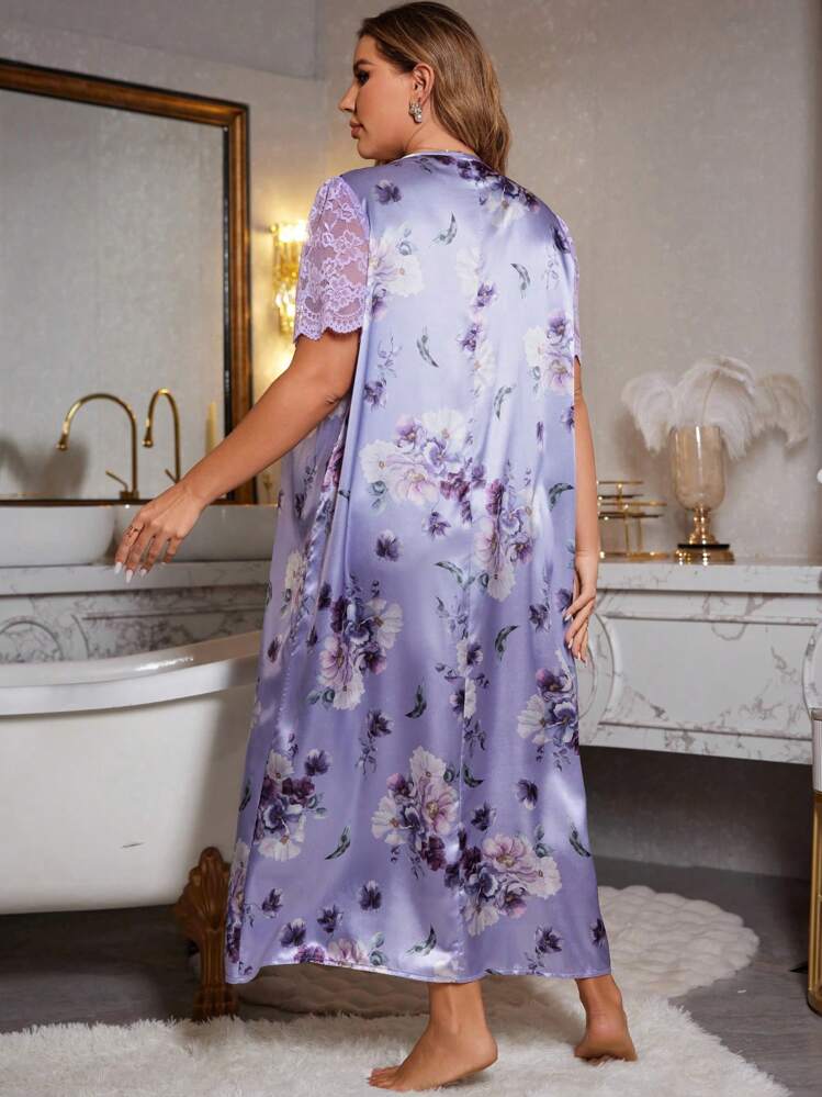 MuseNap CURVE Plus Size Semi-Sheer Lace Contrast Long Faux Silk Printed Dress, Moo Moo - Purple - View 2