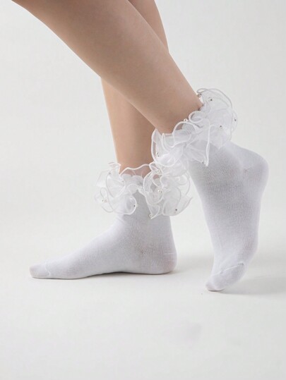 Kawaii Women's Solid Color Contrast Mesh Ruffle Trim Casual Knee High Socks