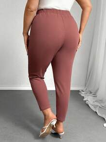 SHEIN Privé Plus Size Quần công sở kẻ sọc trang nhã có túi, vải co giãn - màu nâu - Xem 2