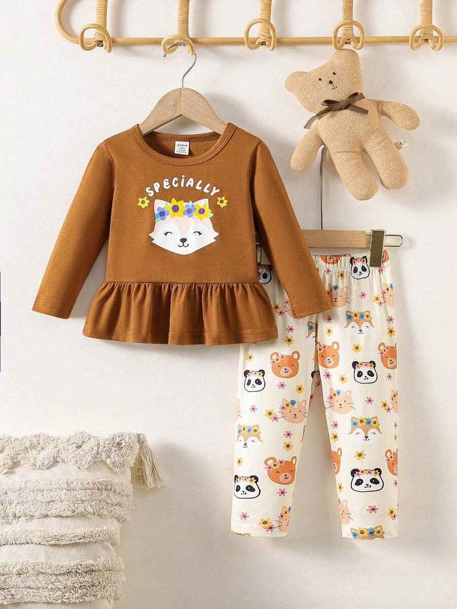 女婴圆领长袖荷叶边上衣和可爱动物印花裤子套装 - 棕色 - 查看 1