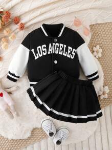 SHEIN 2 件装女婴字母印花长袖休闲棒球夹克和百褶裙套装，春季/秋季 - 黑色 - 查看 3