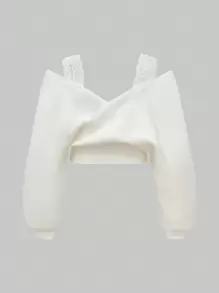 ROMWE Spring Valentine's Day Vacation White Plus Size Sexy V-Neck Cold Shoulder Contrast Lace Sweater - White - View 2