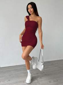 SHEIN Unity Women's Summer Solid Color Sleeveless Pleated Slim Mini Dress For New Year Clothes - Red - View 3