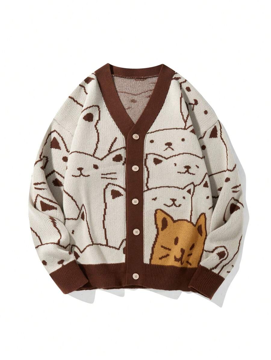 Manfinity EZcore 男士休闲撞色卡通图案开衫，秋季外出休闲落肩厚实猫咪图案开衫，送给老公、男友的礼物，猫咪开衫，可爱开衫，猫咪毛衣，小猫开衫，卡哇伊开衫，长袖上衣 - 彩色 - 查看 1
