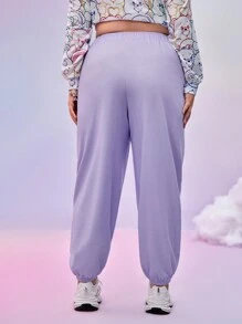 SHEIN X Care Bears 大码秋冬 Y2K 可爱潮流梦幻薰衣草紫丁香心形叠搭熊印花宽松运动裤 - 淡紫色 - 查看 2