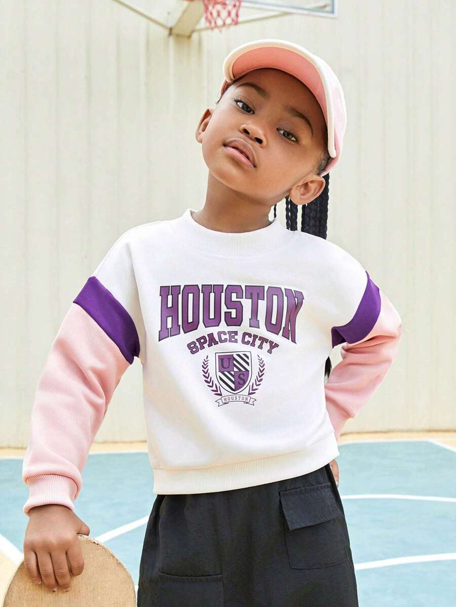 SHEIN Conjunto de estilo de calle deportivo informal vintage para niñas con estampado de parches de espigas de trigo y rayas - Blanco - Ver 1