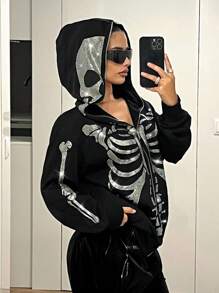 SHEIN ICON Y2k Sweatshirt Skull Studded Zipper Front Loose Women Hoodie Sweatshirt,Long Sleeve Tops Graduation,Back To School Outfits,Graduation,Teacher Outfits For Women,Back To School In Fall/Winter - Black - View 3