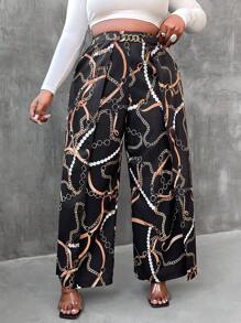 Maweii Pantalones anchos de moda sueltos con decoración de cadena metálica en la cintura, para mujer de talla grande - Negro - Ver 5