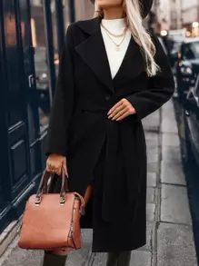 SHEIN Clasi 女士秋冬保暖翻领双排扣长款羊毛大衣 - 黑色 - 查看 5