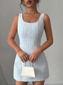 Selianne 女士优雅格子无袖收腰连衣裙，夏季 - 藍色 - 查看 6