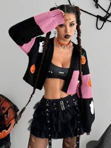 SHEIN Unity Women's Casual Pumpkin Pattern Slouchy Long Sleeve Cardigan For Fall/Winter, Halloween Clothes - Multicolor - View 3