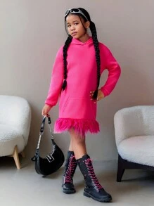 Tween Girls Street Style Thermal Lined Hooded Pullover Sweatshirt Dress, Fall/Winter - Hot Pink - View 1