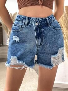 SHEIN VCAY Pantalones cortos de mezclilla azul rotos para mujeres, casual de vacaciones - Lavado ligero - Ver 3