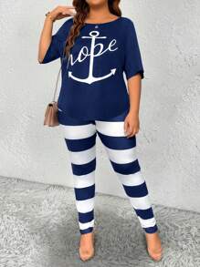 Maweii Plus Size Nữ Mùa Hè In Chữ Xoắn Lưng Rời Áo Thun Và Sọc Quần Dài Thường Ngày 2 Bộ - Xanh và trắng - Xem 5
