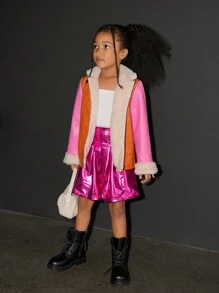 SHEIN Explorewe Y2K 风格甜美时尚女孩保暖内衬短夹克，橙色和粉色拼布设计，适合冬季、街头、派对、宴会和防风