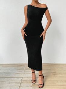 Chiquease 女式夏季纯色不对称领口修身长款优雅连衣裙 - 黑色 - 查看 1