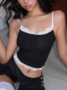 SHEIN EZwear 女士修身蕾丝拼接吊带背心，休闲/度假 - 黑色 - 查看 3