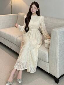 DAZY 女士长款蕾丝边保暖衬里白色连衣裙，秋季连衣裙长袖连衣裙婚礼女士连衣裙 - 米色 - 查看 5