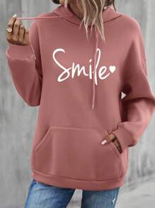 SHEIN Cottnline Baumwoll-Hoodie mit Buchstaben-Grafik, Tasche, Drop-Shoulder und Kordelzug, für zierliche Frauen - Altrosa - Übersicht 4