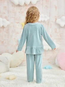 2pcs Young Girls Minimalist Bunny Embroidered Long Sleeve Top And Plush Pants Casual Homewear Set, Light Blue - Baby Blue - View 7