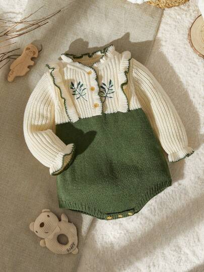 SHEIN Vintaside Kids Baby Girl Floral Print Long Sleeve Ruffled Casual Jumpsuit In Peacock Green, Autumn & Winter