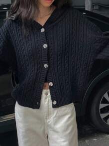 DAZY 女士纯色落肩宽松休闲连帽开衫，秋冬，长袖上衣夹克 - 藏蓝色 - 查看 5