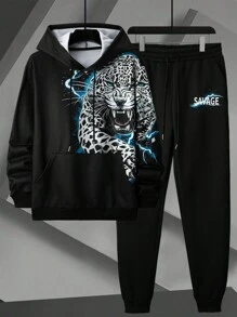 Manfinity LEGND 男士休闲猎豹印花抽绳连帽衫和运动裤套装 - 黑色 - 查看 5