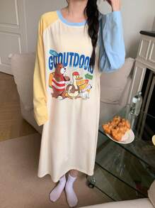 DAZY Vestido holgado de ropa de casa con estampado de dibujos animados, mangas raglán de color contrastante y parches