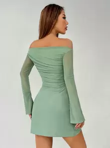 SHEIN PETITE 网眼鼠尾草色开心果色性感露肩褶皱女式迷你短款小 A 字下摆女式连衣裙