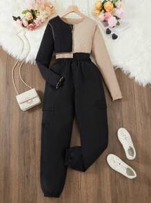 SHEIN 2 件套青少年女孩撞色圆领长袖 T 恤和工装裤休闲装，春夏 - 黑色 - 查看 1