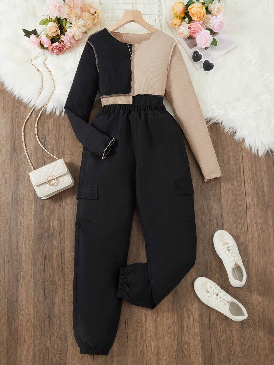 SHEIN 2 件套青少年女孩撞色圆领长袖 T 恤和工装裤休闲装，春夏 - 黑色 - 查看 1