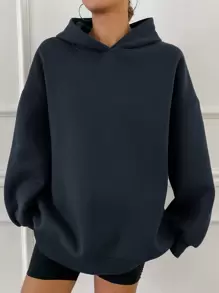 DAZY 连帽休闲保暖宽松纯色卫衣，女款连帽卫衣，秋冬季保暖款 - 藏蓝色 - 查看 4