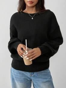 SHEIN EZwear Áo len dệt kim dáng rộng khoét vai xoắn lưng quá khổ cho nữ, màu đen, thu đông - màu đen - Xem 5